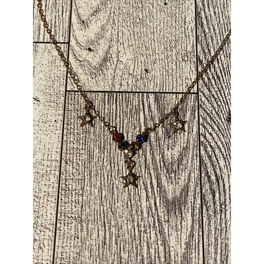 Vintage 12k Rose Gold Filled Rhinestone Stars Lariat Lavaliere Pendant Necklace